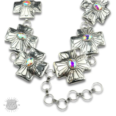 Western Square Cross Concho-Linked Belt with Oval Rhinestone