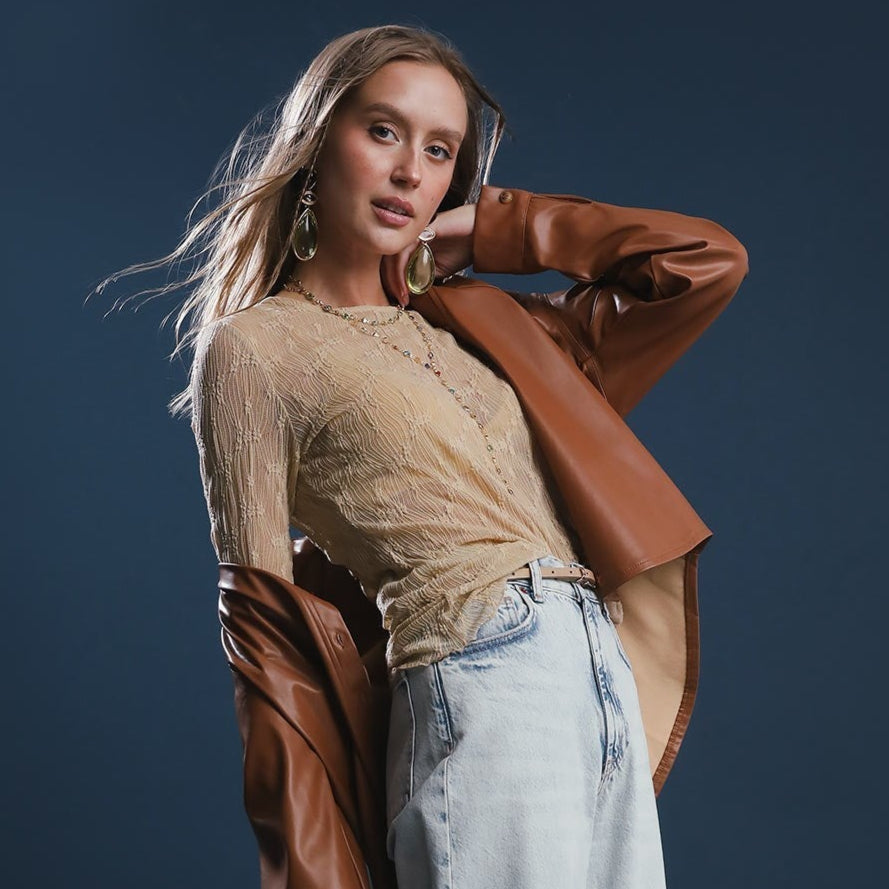 Textured Lace Tan Mesh Long Sleeve Top