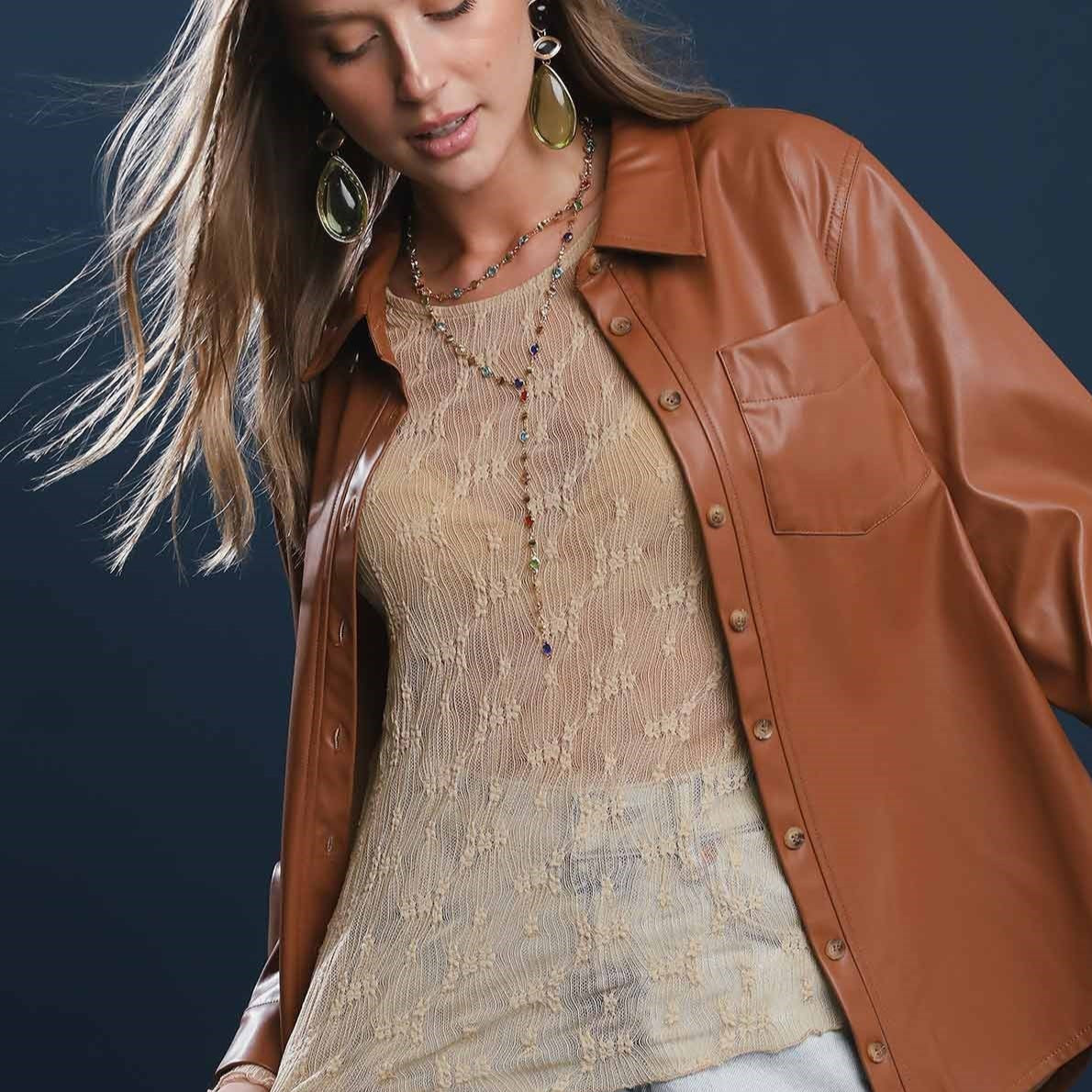 Textured Lace Tan Mesh Long Sleeve Top