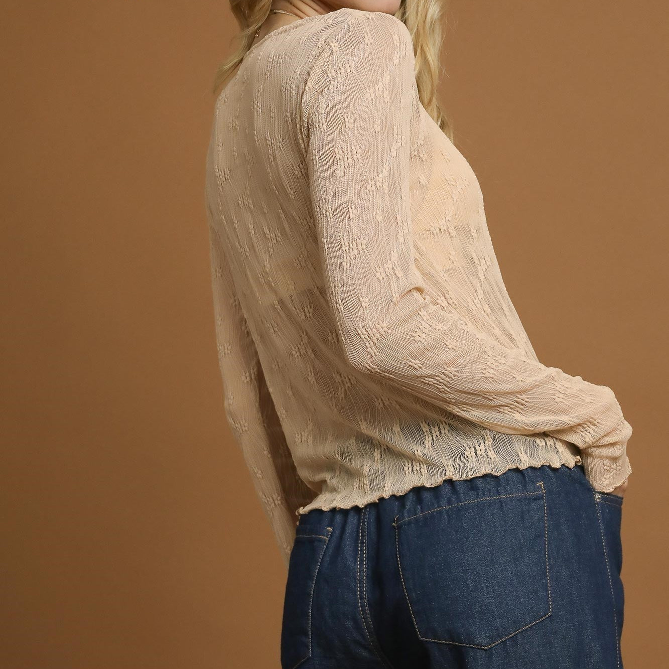 Textured Lace Tan Mesh Long Sleeve Top
