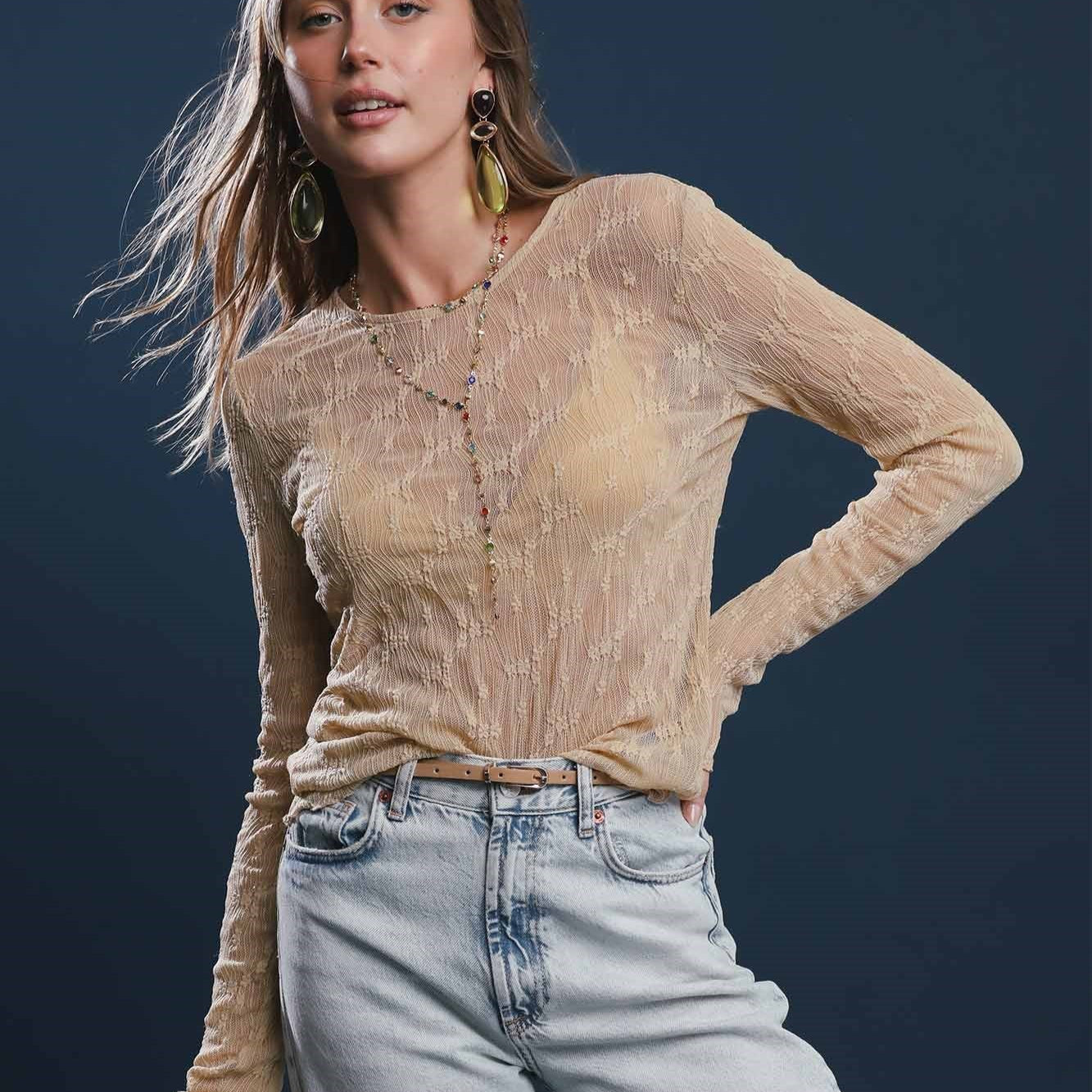 Textured Lace Tan Mesh Long Sleeve Top