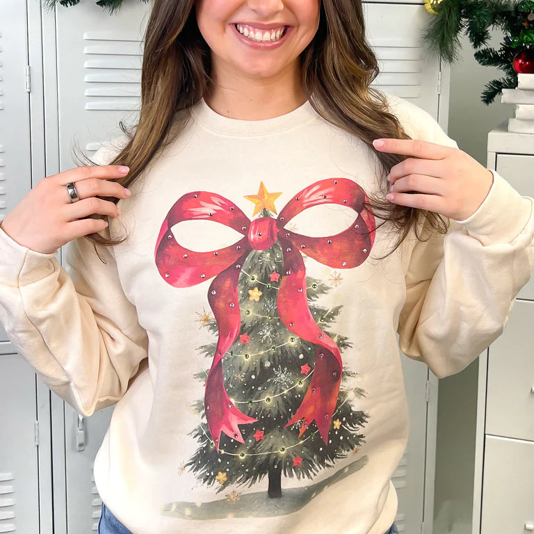 Rhinestone Bow Christmas Tree Graphic Sweatshirt