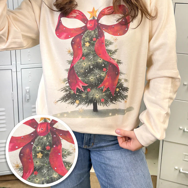 Rhinestone Bow Christmas Tree Graphic Sweatshirt