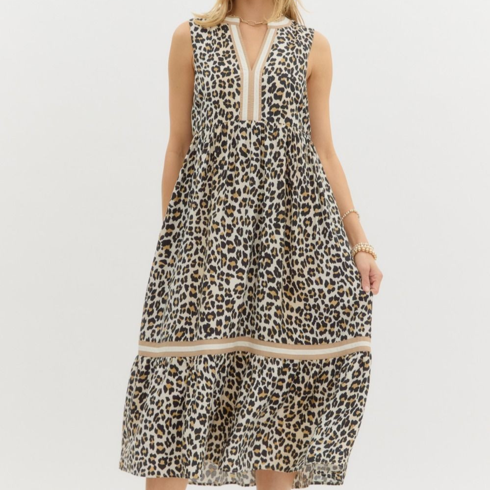 Leopard Print Sleeveless Midi Dress