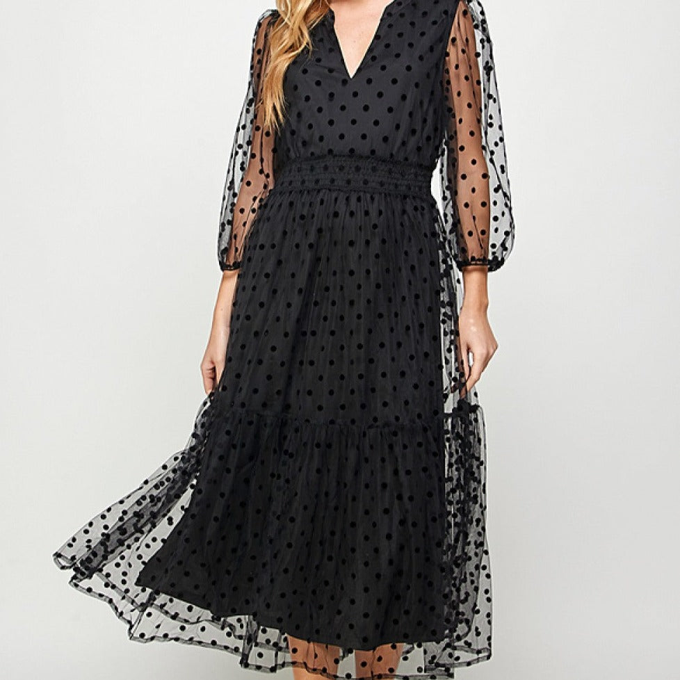 Polka Dot Mesh 3/4 Sleeve Midi Tier Lined Dress