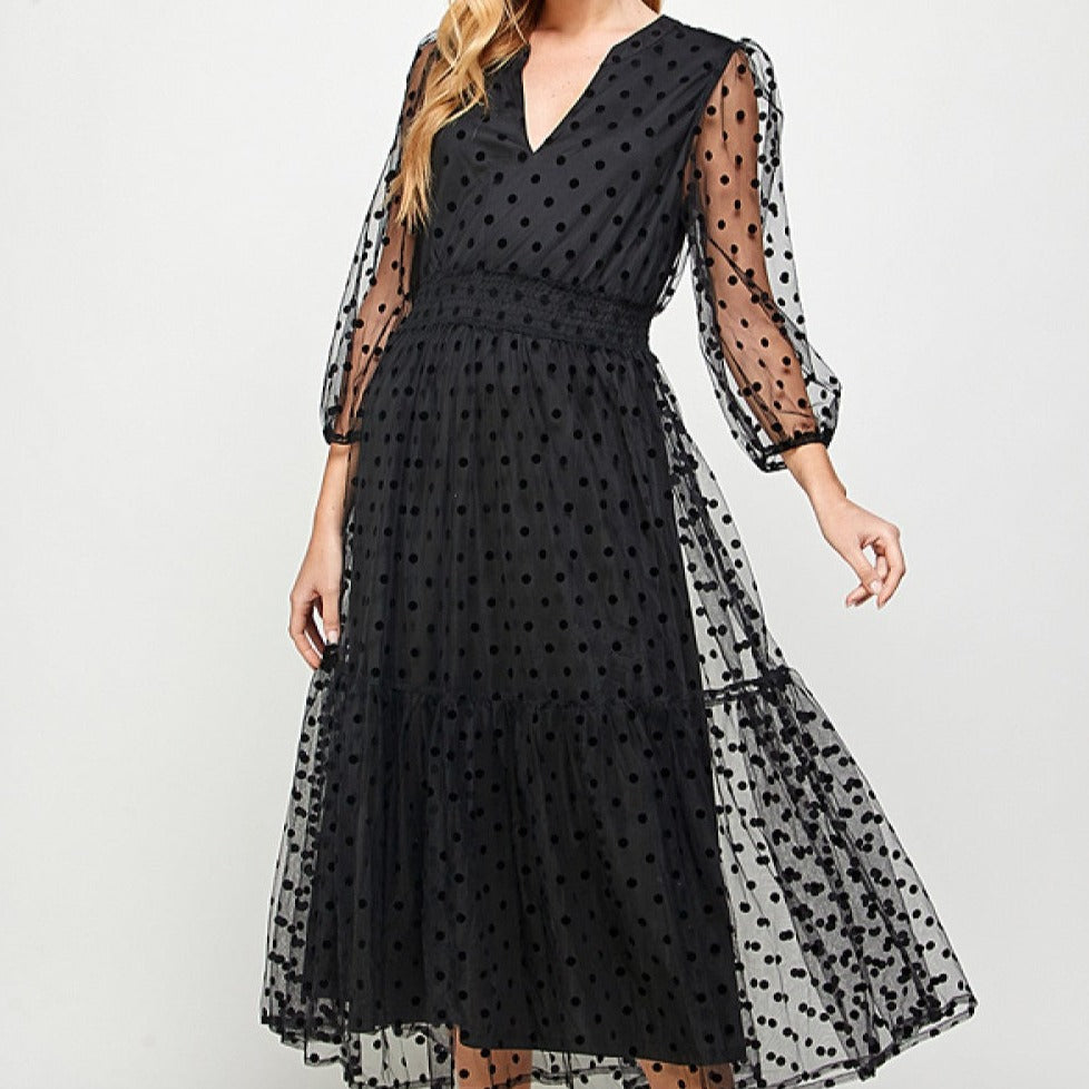 Polka Dot Mesh 3/4 Sleeve Midi Tier Lined Dress