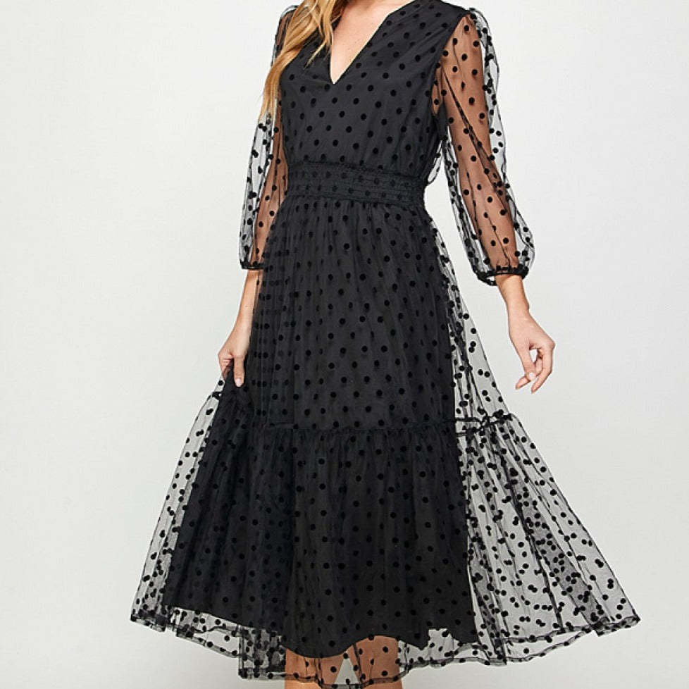 Polka Dot Mesh 3/4 Sleeve Midi Tier Lined Dress