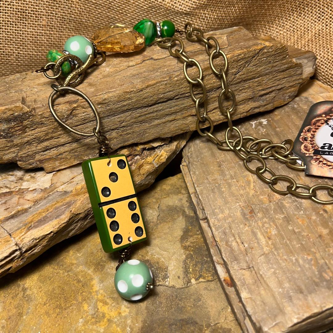 Vintage Green & Cream Domino Bead Necklace