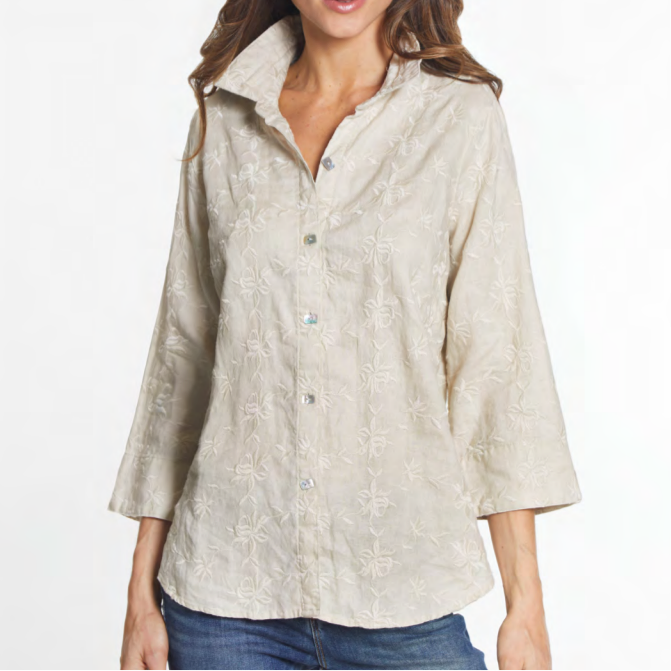 All Over Embroidered Wire Collar 3/4 Sleeve Button Front Top by John Mark
