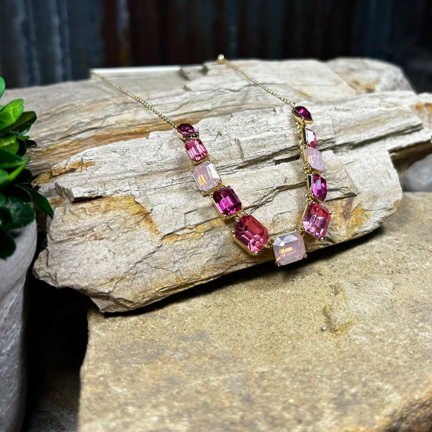 Pink Rectangle Rhinestone Necklace