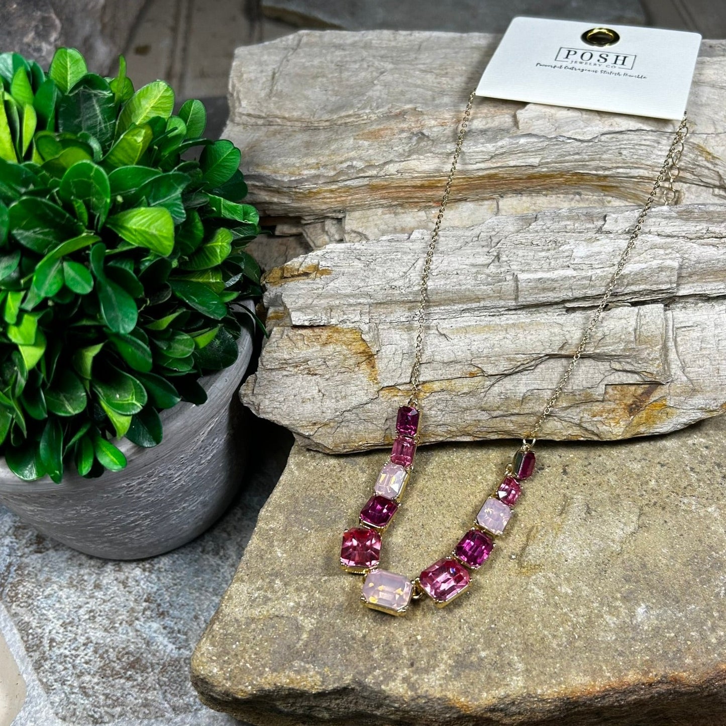 Pink Rectangle Rhinestone Necklace