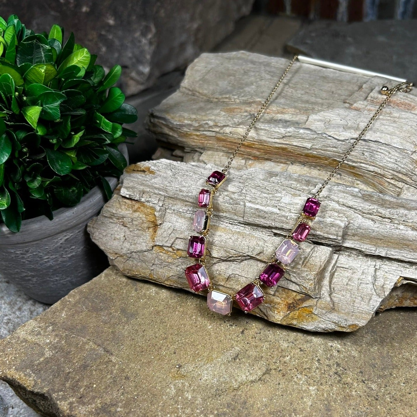 Pink Rectangle Rhinestone Necklace