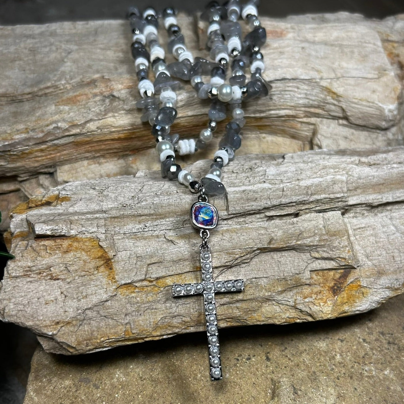 Gray Pearl Studded Cross Necklace