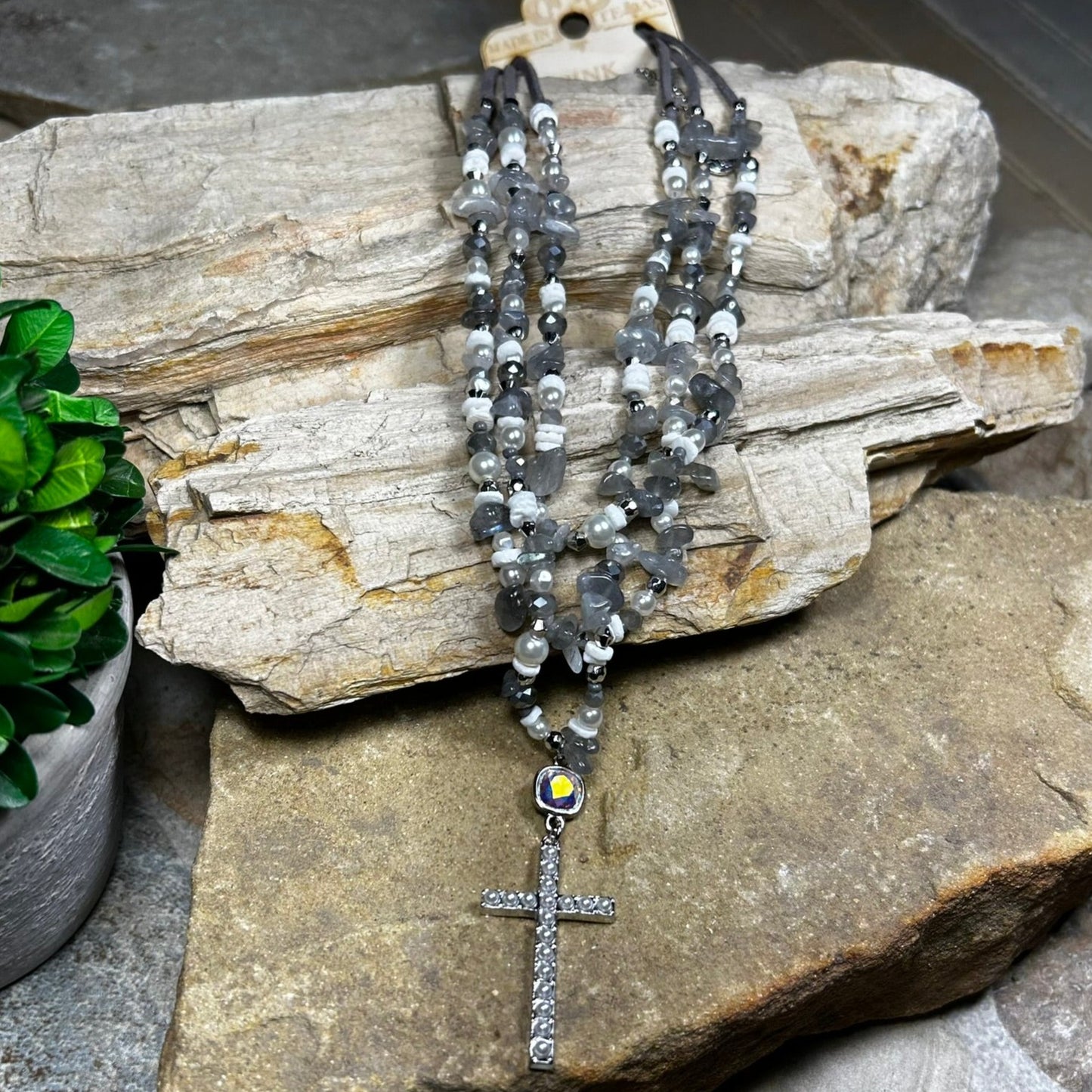 Gray Pearl Studded Cross Necklace