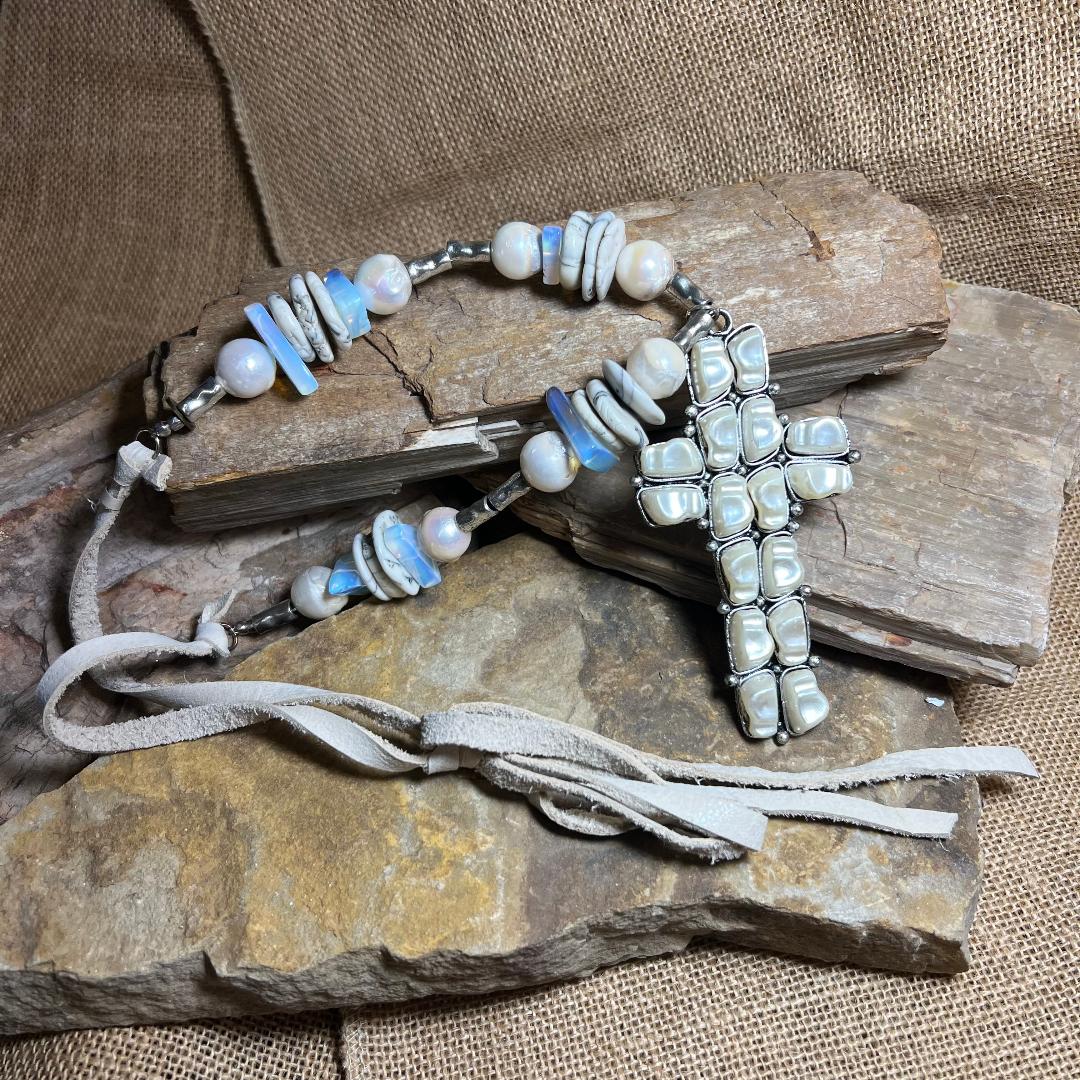 Neutral Cream AB & Pearl Cross Statement Necklace