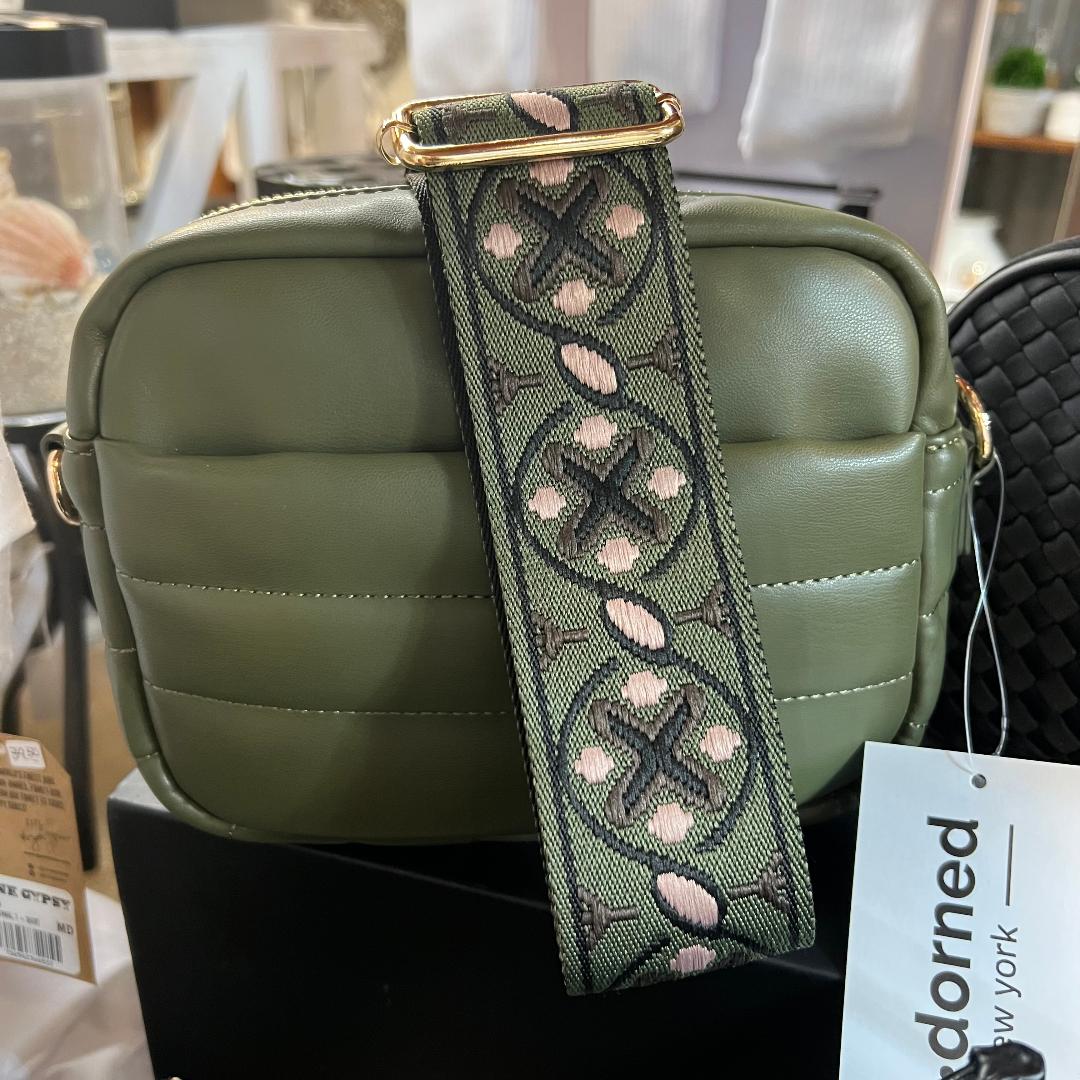 Sadie Quilted Army Green Vegan Leather Zip Top Messenger/ Strap Sold Separately