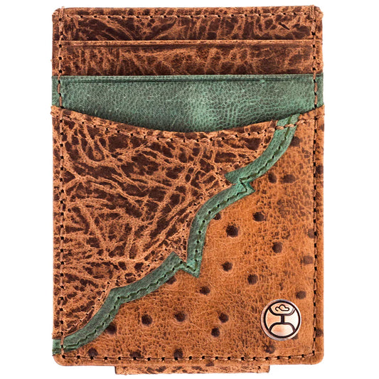 SAWYER OSTRICH Brown Turquoise with Money Clip Wallet