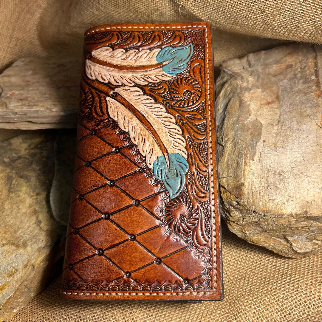 Hand Carved Painted Feather Rodeo Wallet