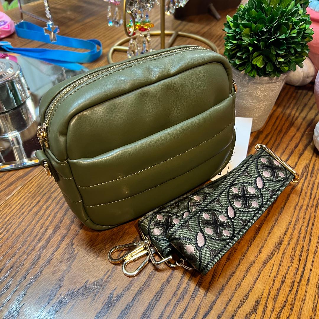 Sadie Quilted Army Green Vegan Leather Zip Top Messenger/ Strap Sold Separately
