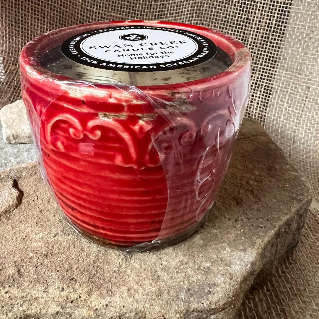 Vintage Home for the Holidays Red Round Candle Filled Pot