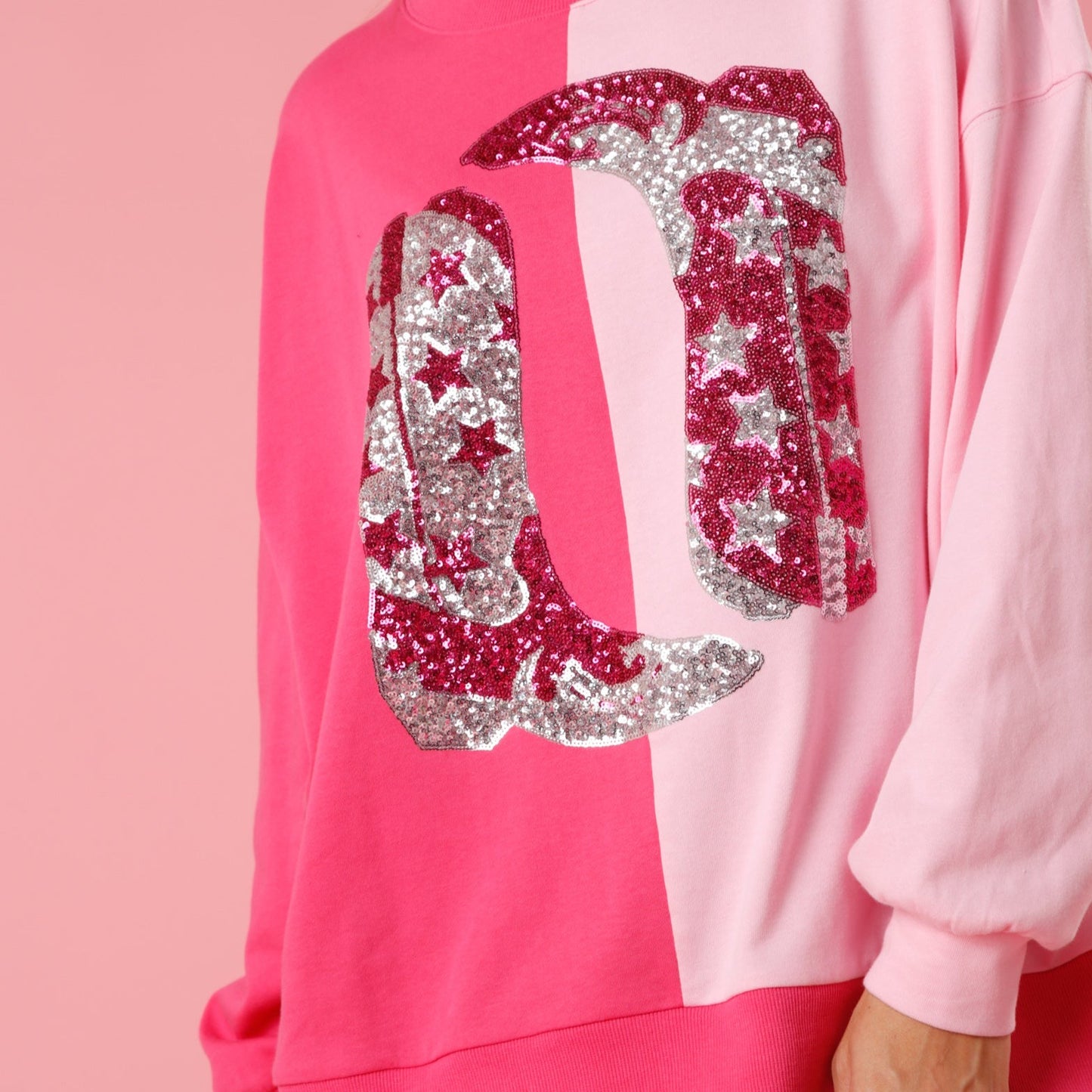 Pink Color Block French Terry Top with Sequin Cowboy Boots