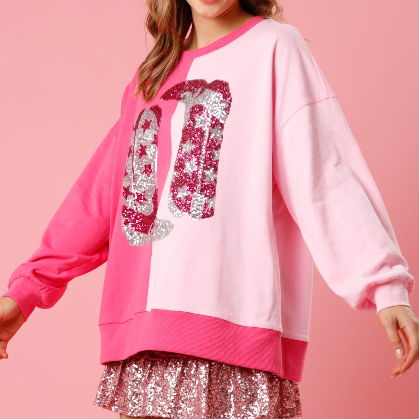 Pink Color Block French Terry Top with Sequin Cowboy Boots