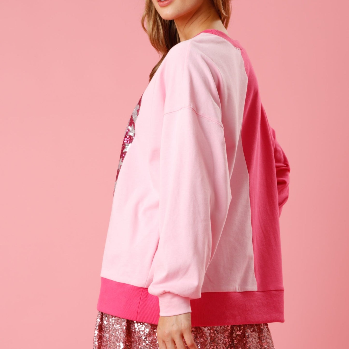 Pink Color Block French Terry Top with Sequin Cowboy Boots