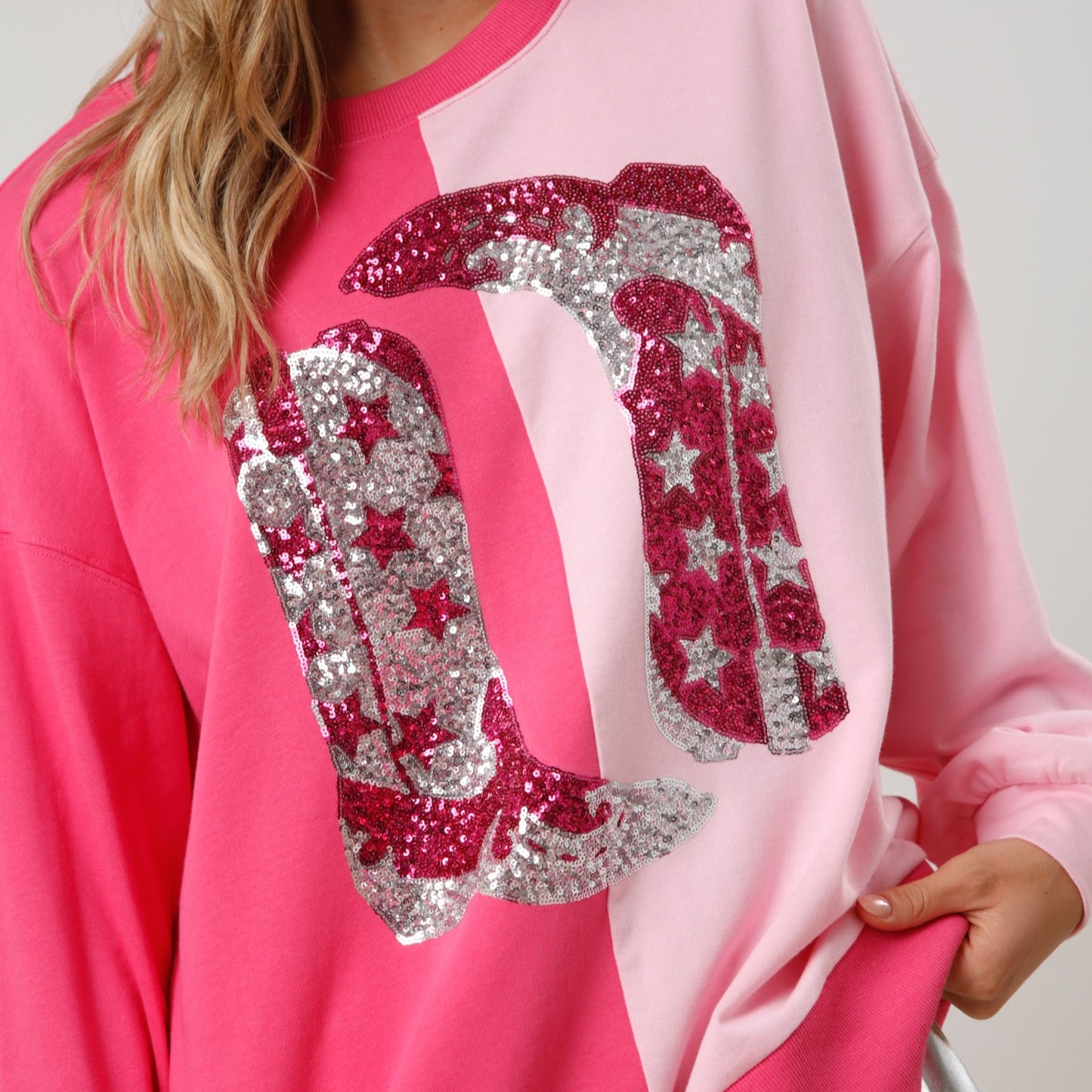 Pink Color Block French Terry Top with Sequin Cowboy Boots