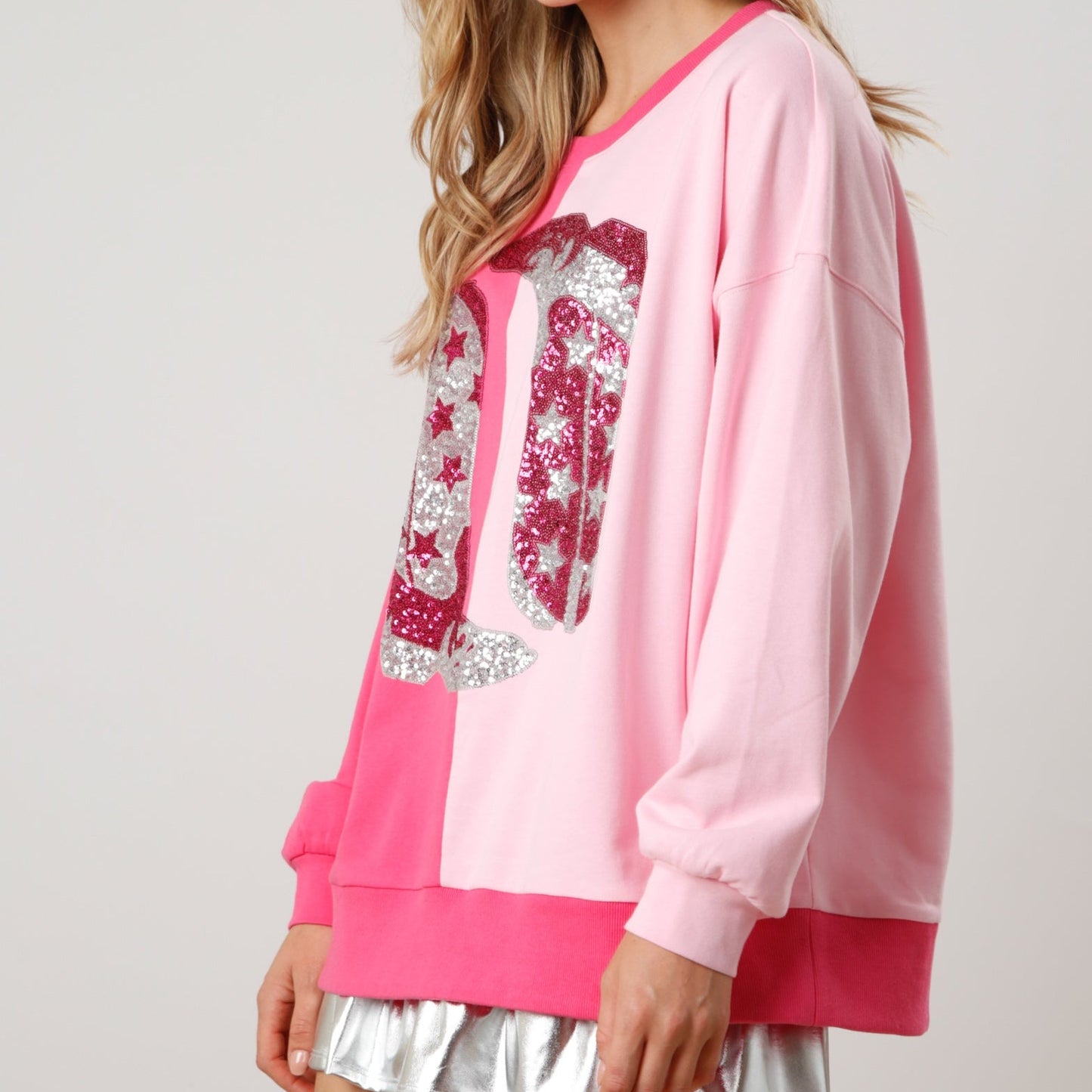 Pink Color Block French Terry Top with Sequin Cowboy Boots