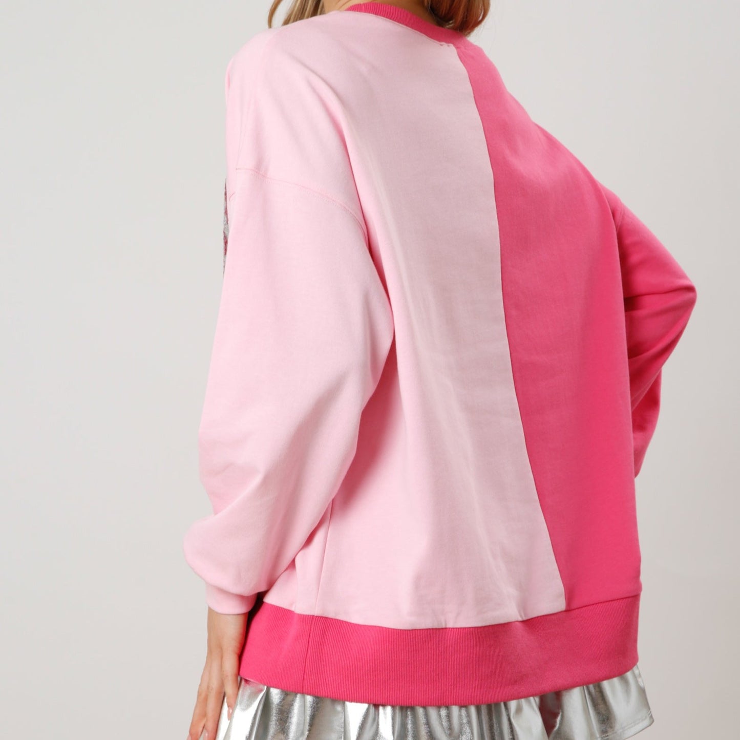 Pink Color Block French Terry Top with Sequin Cowboy Boots