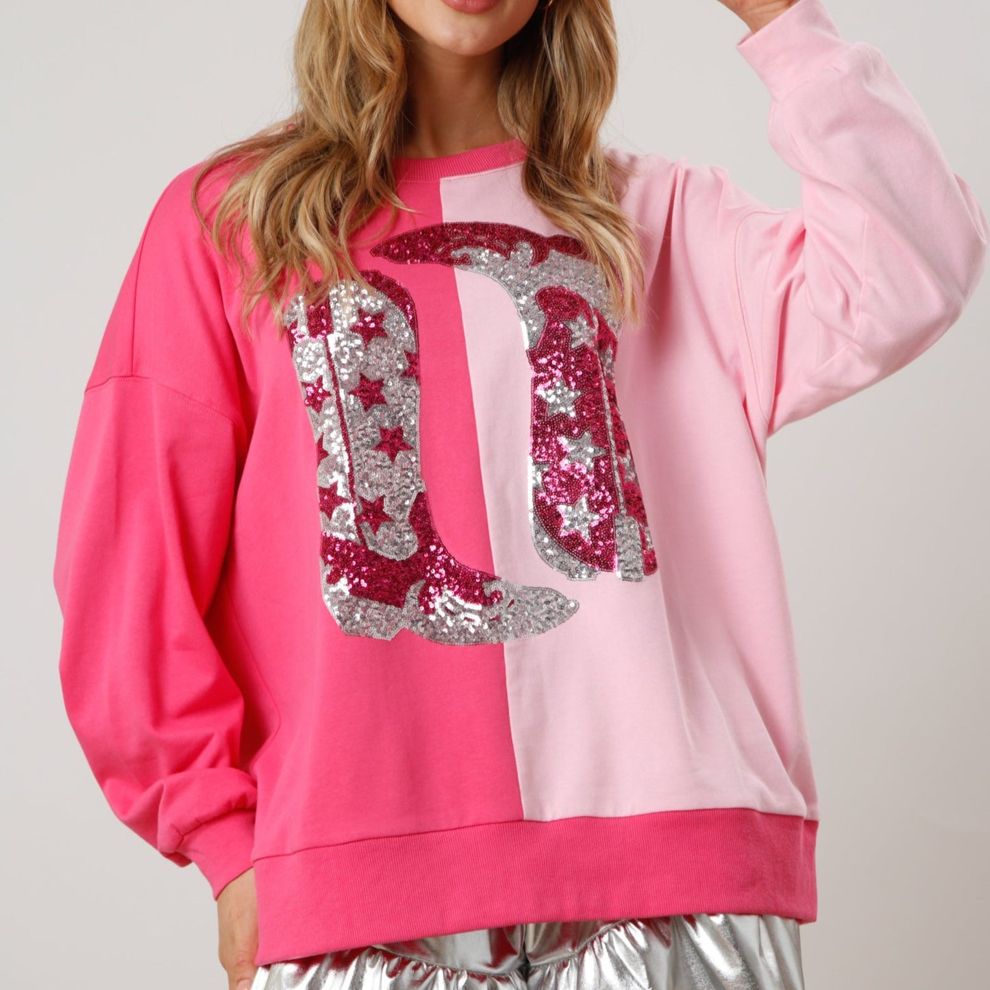 Pink Color Block French Terry Top with Sequin Cowboy Boots