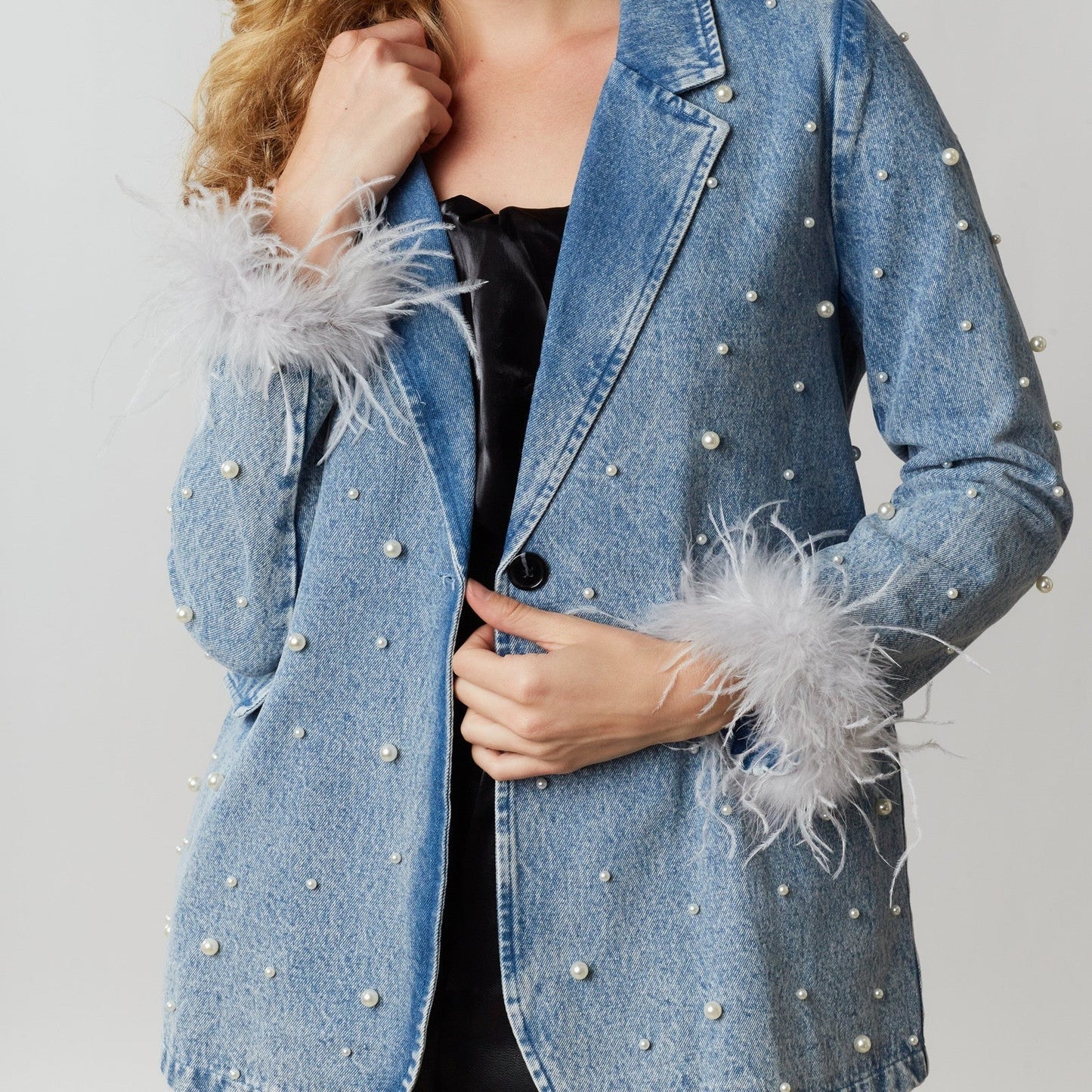 Pearl detail Fur Sleeve Trim Denim Blazer