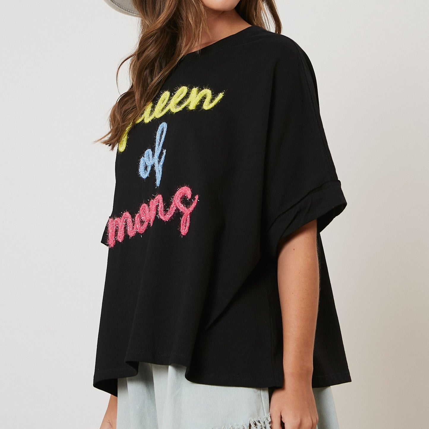 Queen of Moms Lurex Embroidery Oversized Tee