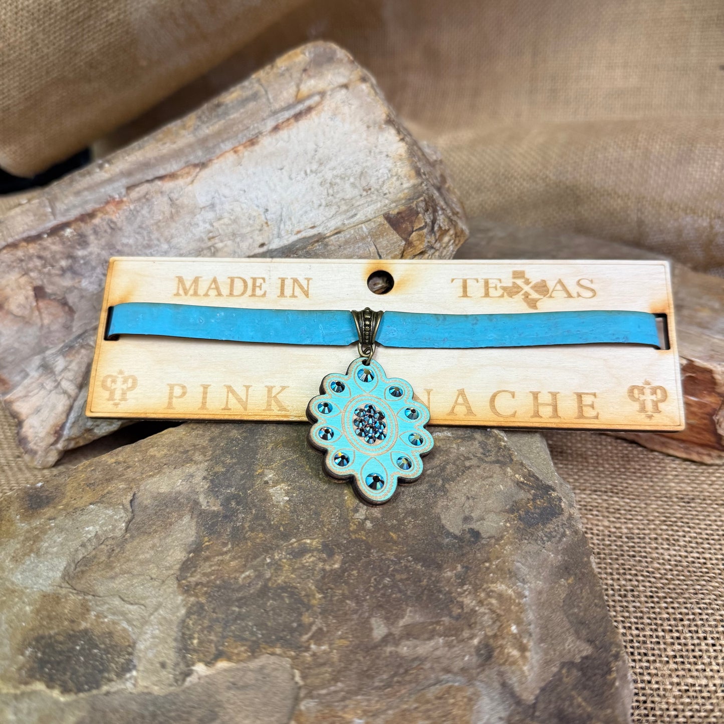Teal Choker with Crystal Embellished Wood Pendent