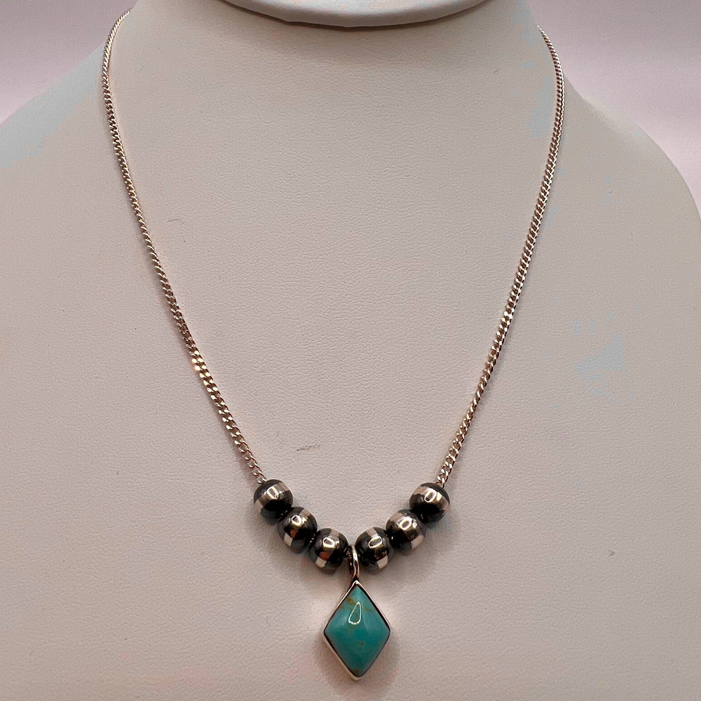 Navajo Pearl with Turquoise Diamond Drop 14-inch Chain Necklace