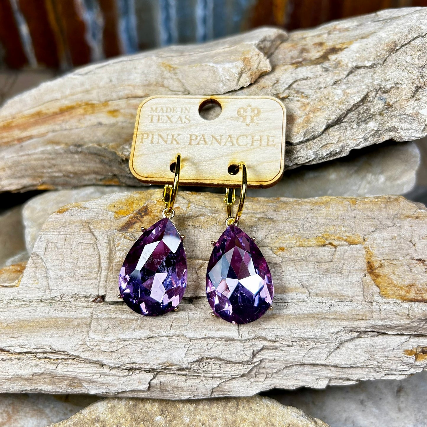 Large Lavender Teardrop Gold Hoop Earrings