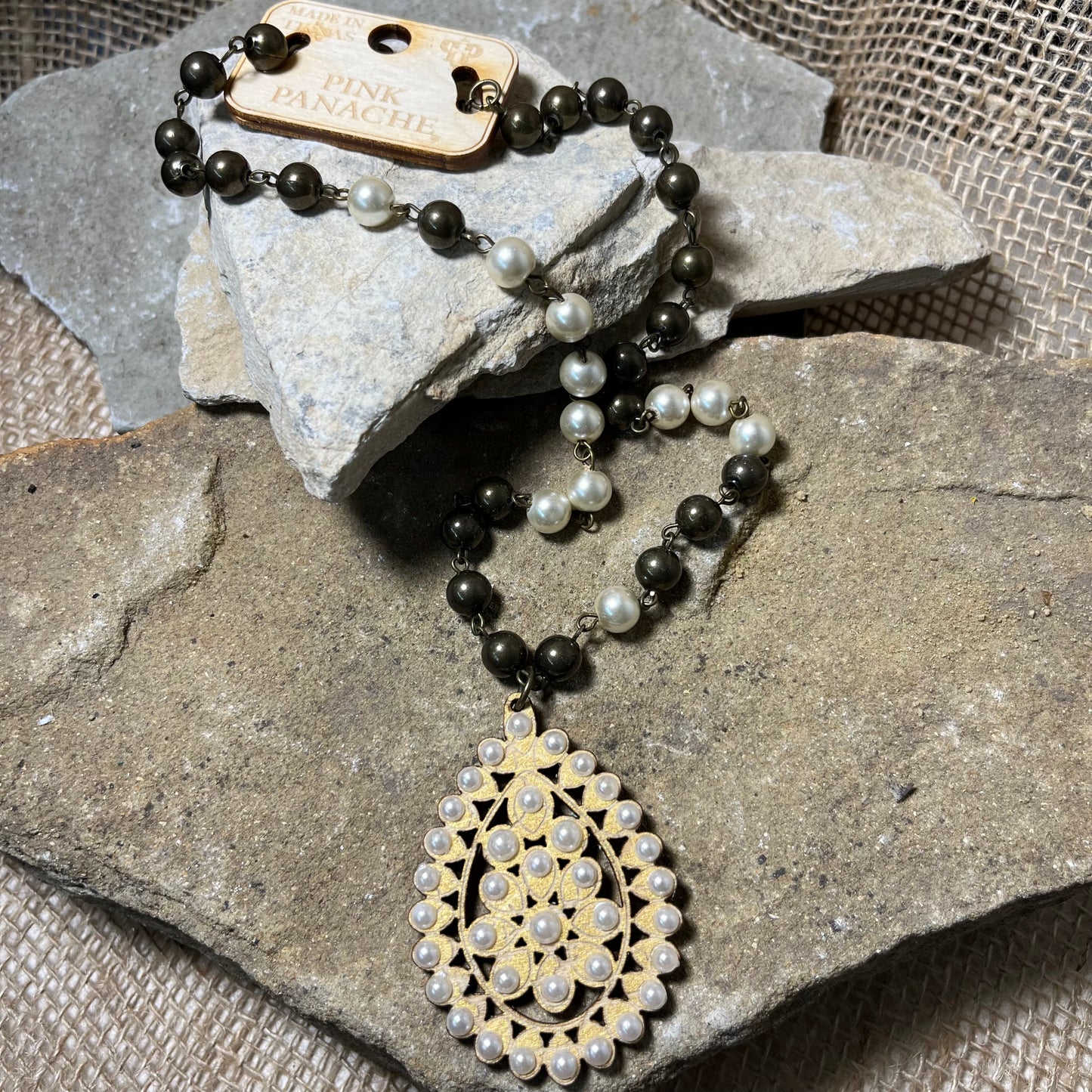 Pearl and Copper Beaded Necklace with Wood Pearl Pendant
