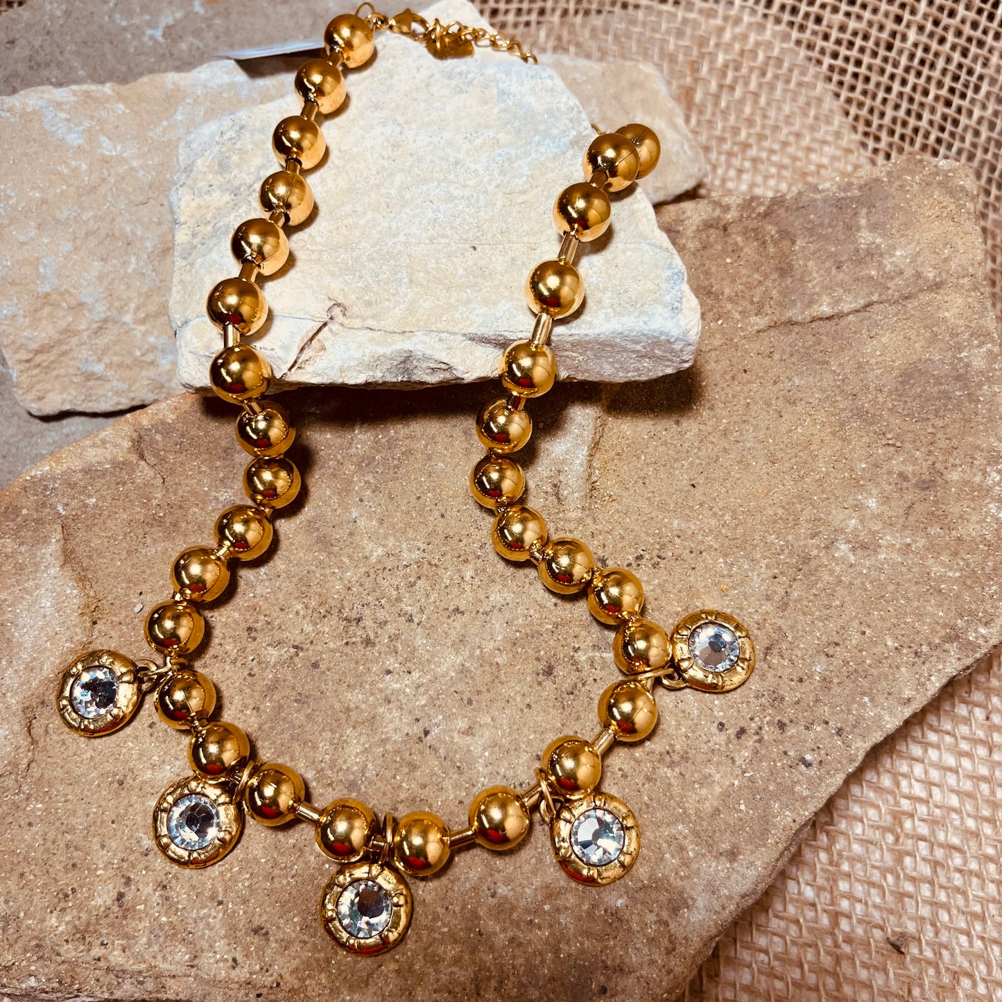 Bead Ball with Antique Gold Crystal Pendants Necklace