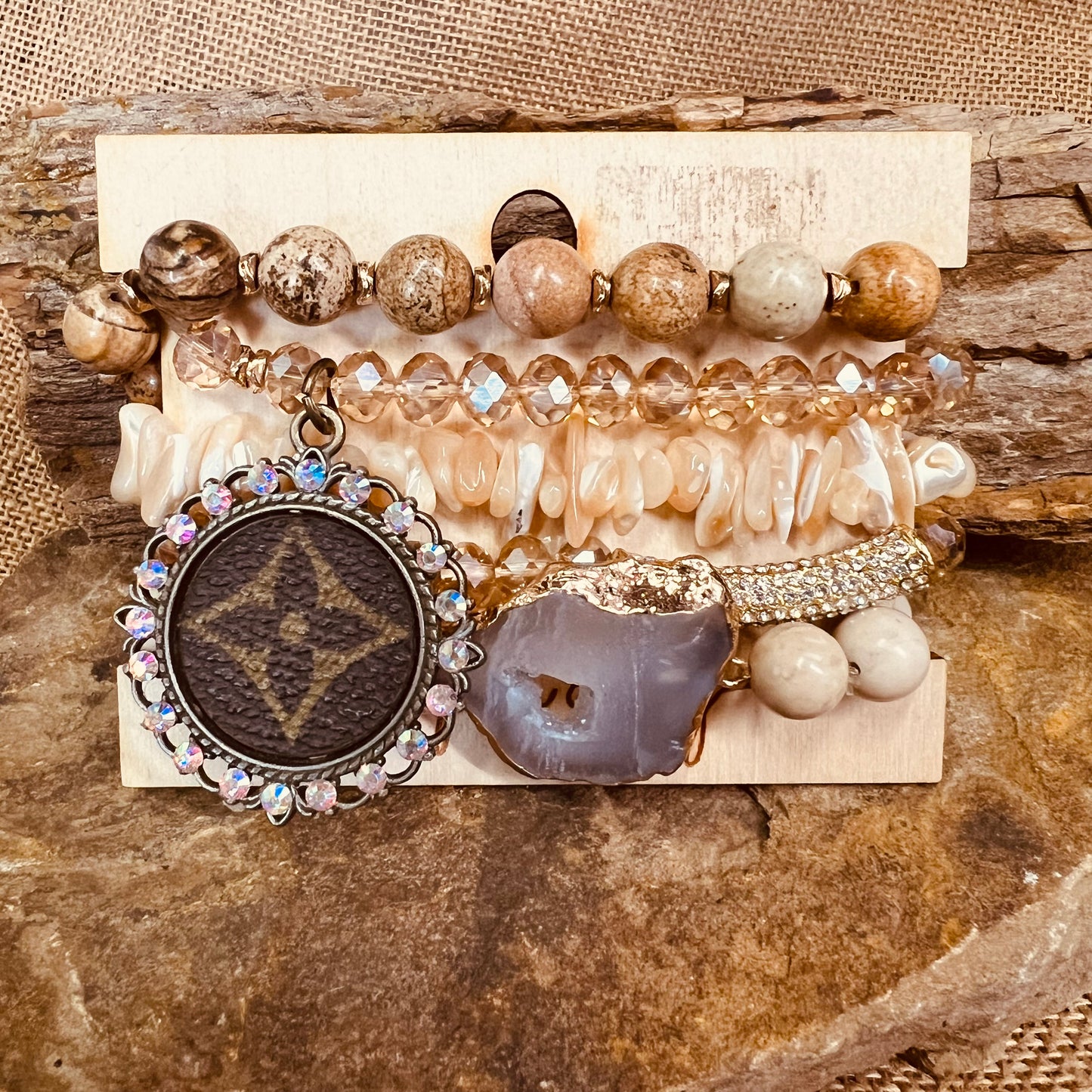 Neutral Color Bead and Gold Stack Up LV Bracelet