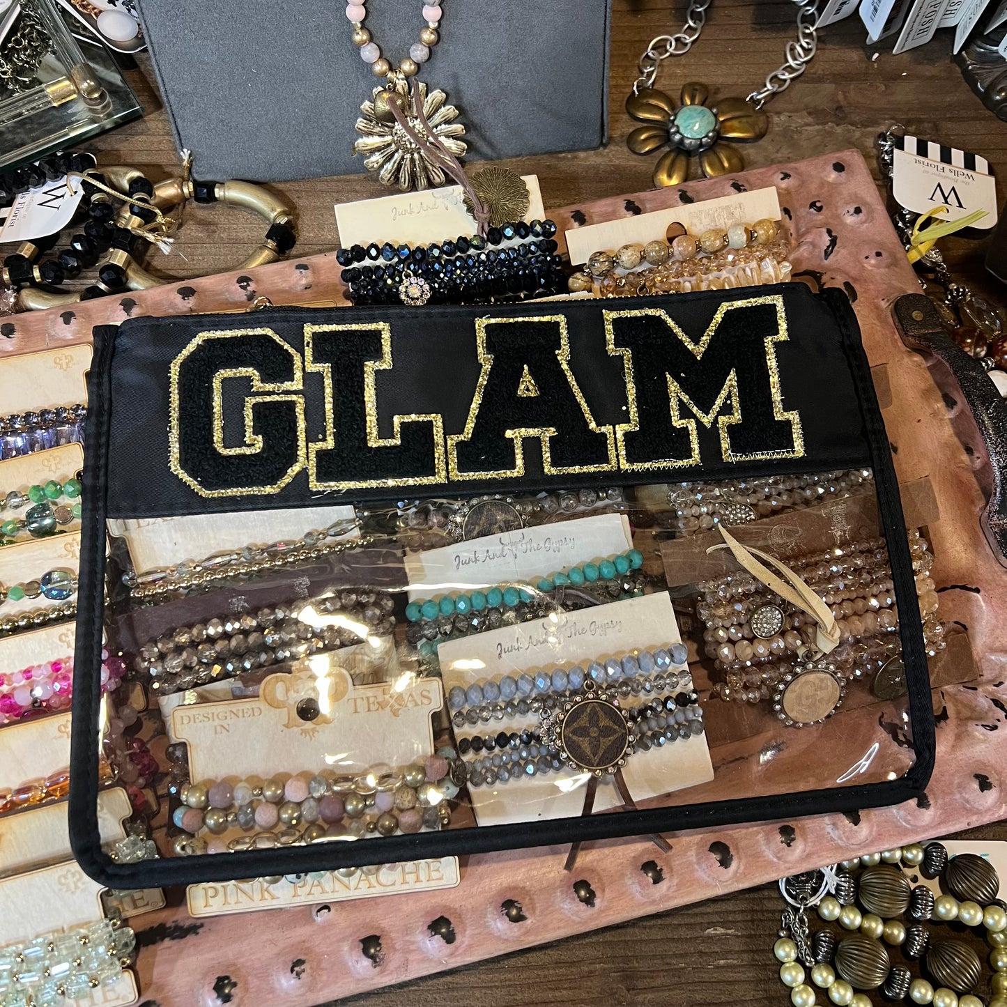 Chenille Letter Clear Black & Gold Glam Pouch