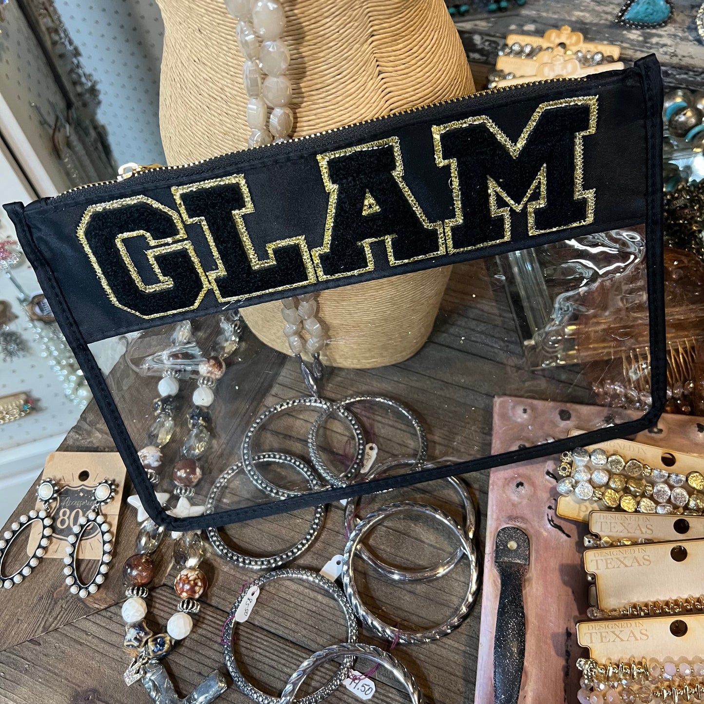 Chenille Letter Clear Black & Gold Glam Pouch