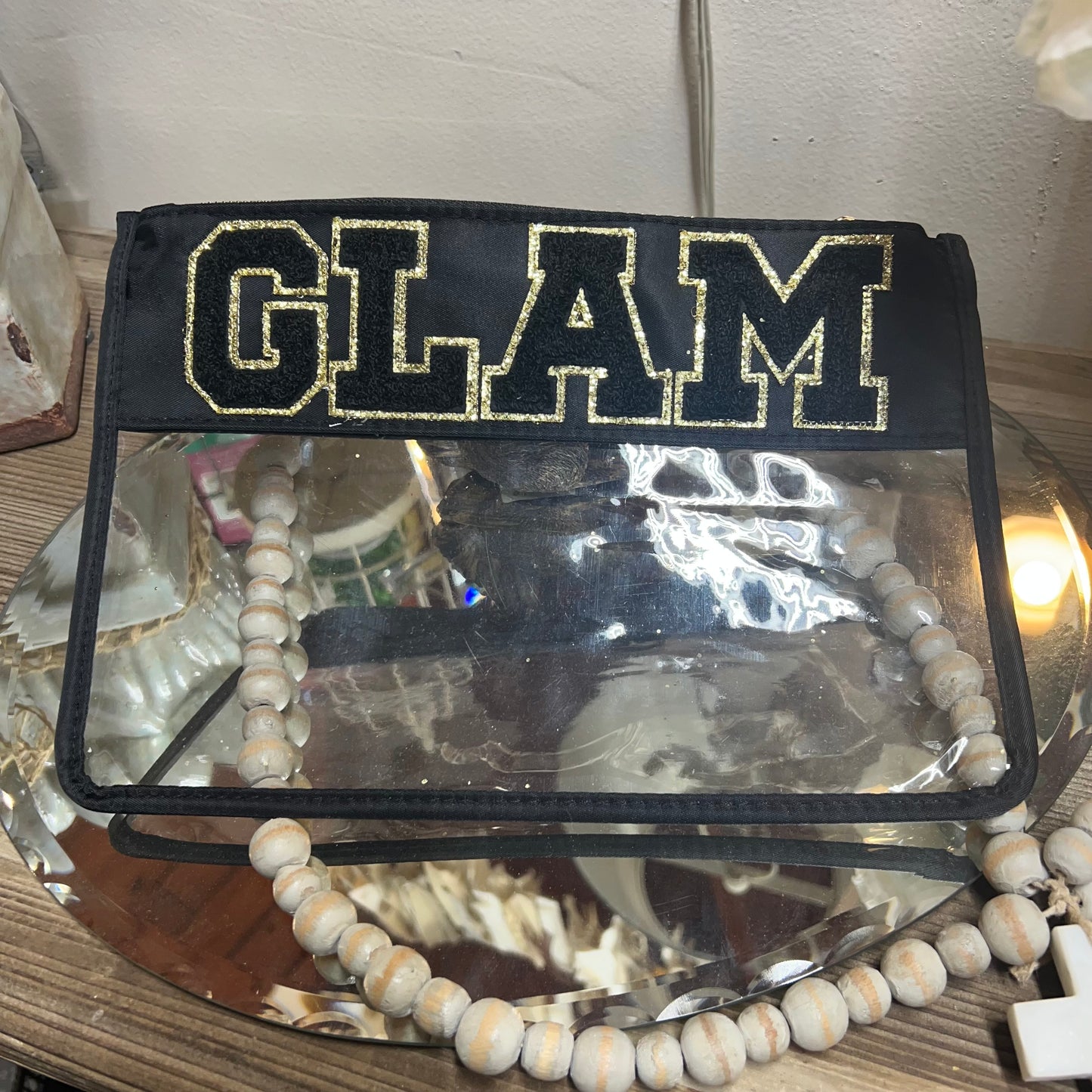 Chenille Letter Clear Black & Gold Glam Pouch
