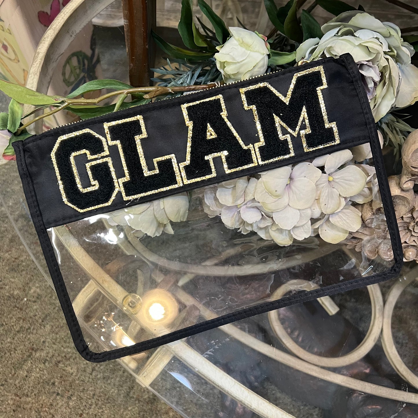 Chenille Letter Clear Black & Gold Glam Pouch