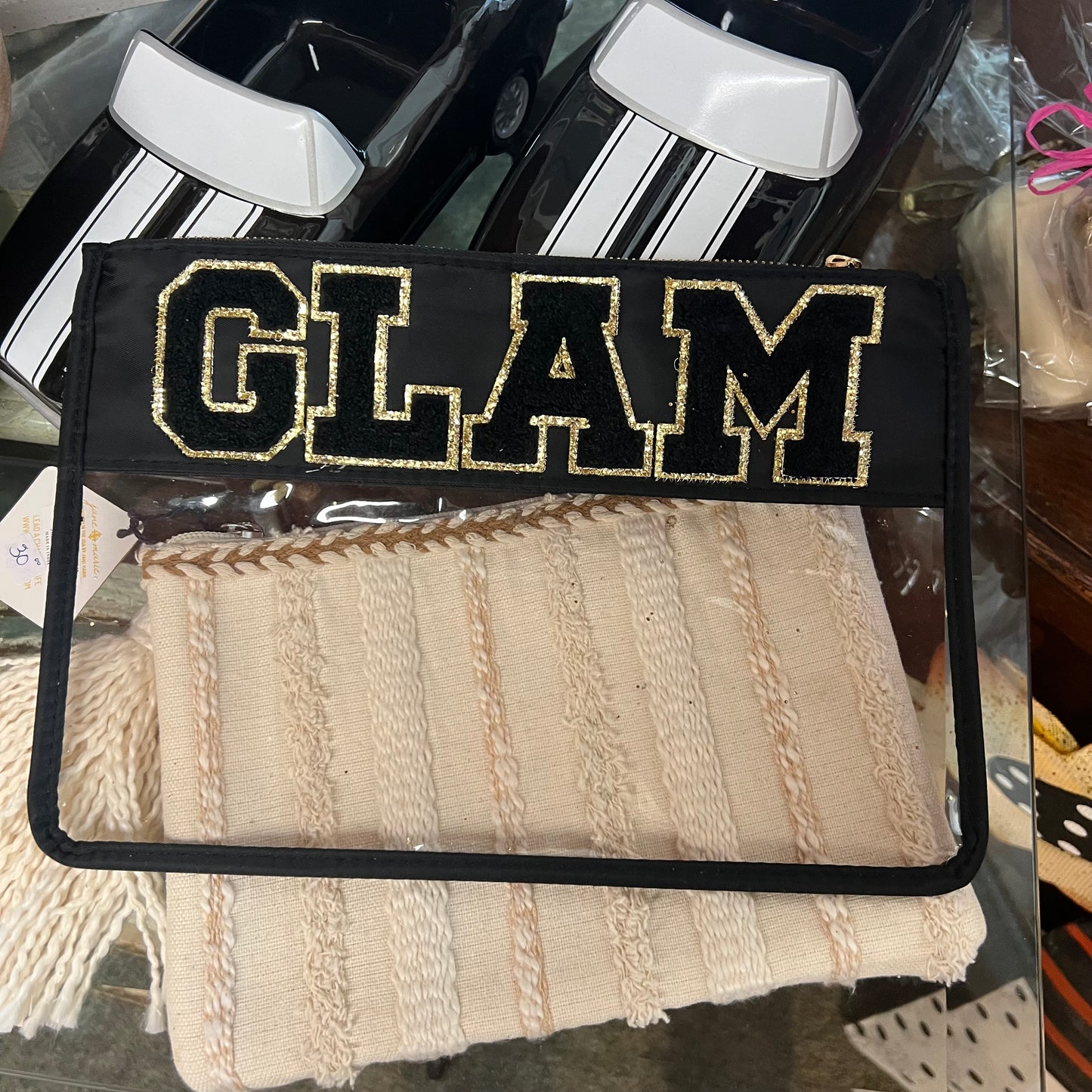 Chenille Letter Clear Black & Gold Glam Pouch