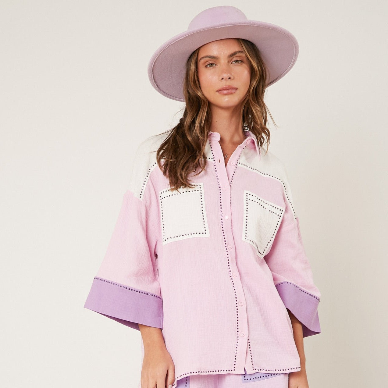 Rhinestone Color Block Button Up Shirt