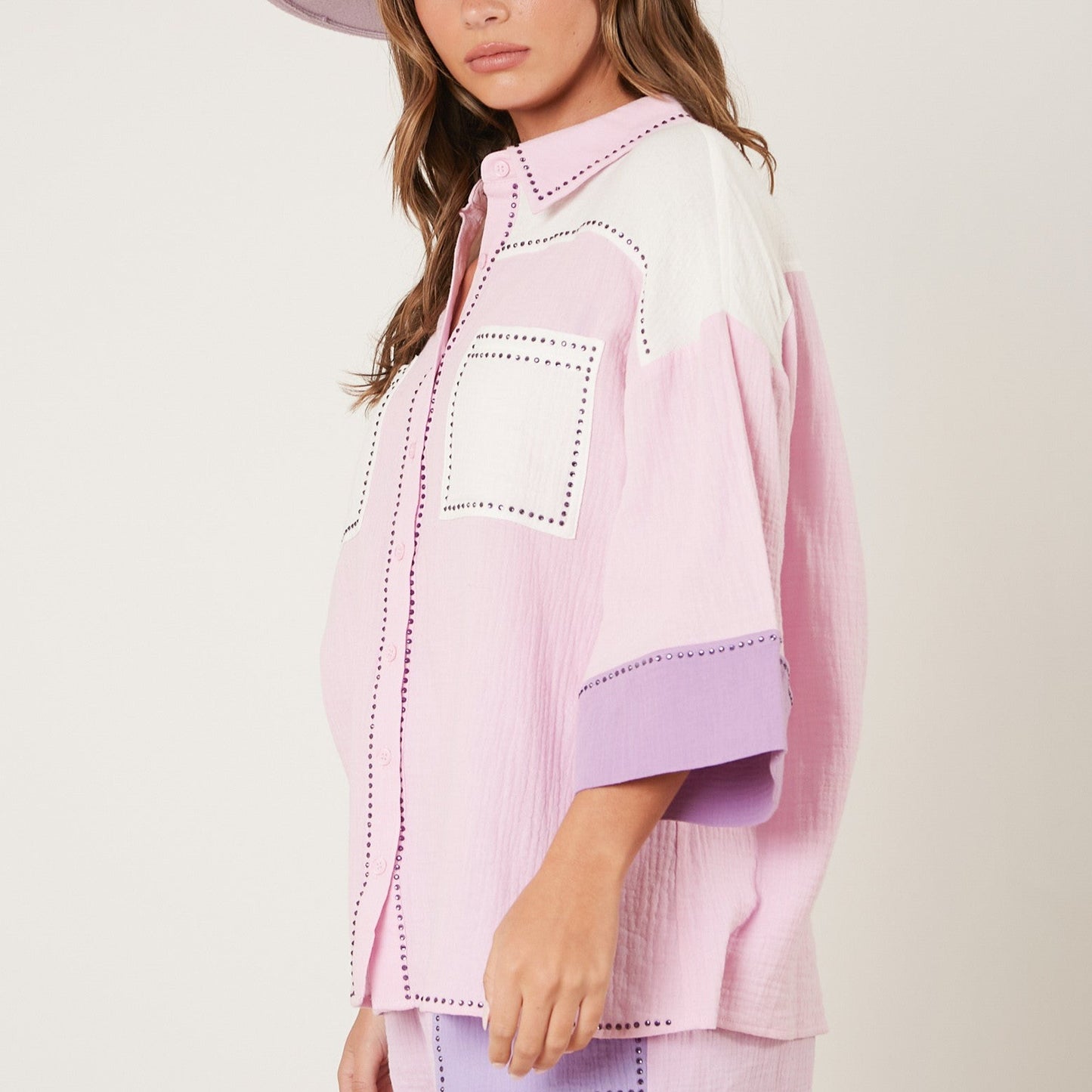 Rhinestone Color Block Button Up Shirt