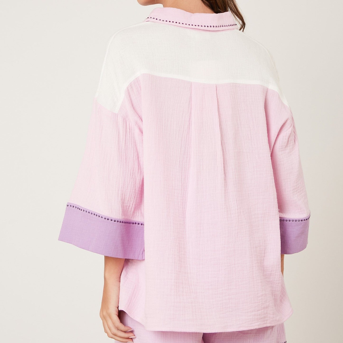 Rhinestone Color Block Button Up Shirt