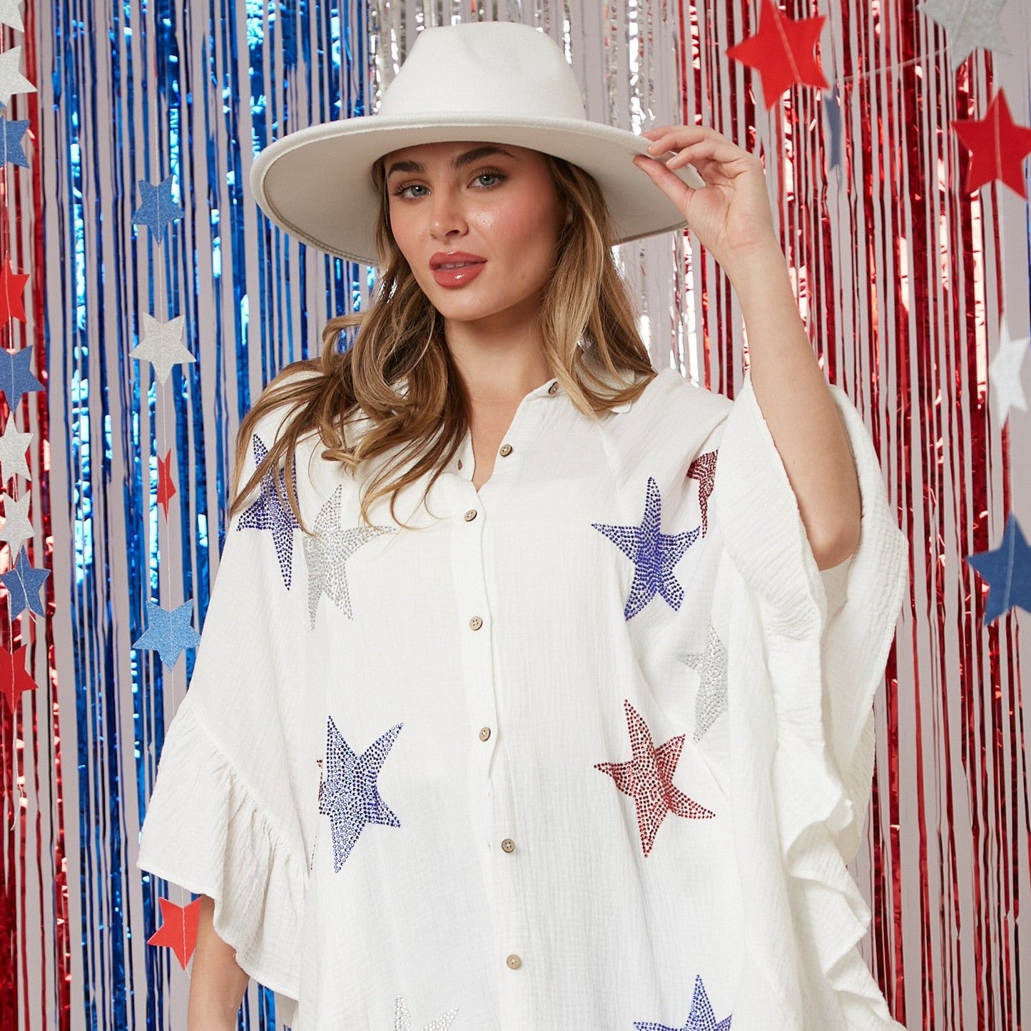 Rhinestone Star Oversize Gauze Shirt