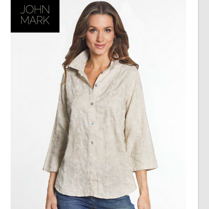 All Over Embroidered Wire Collar 3/4 Sleeve Button Front Top by John Mark