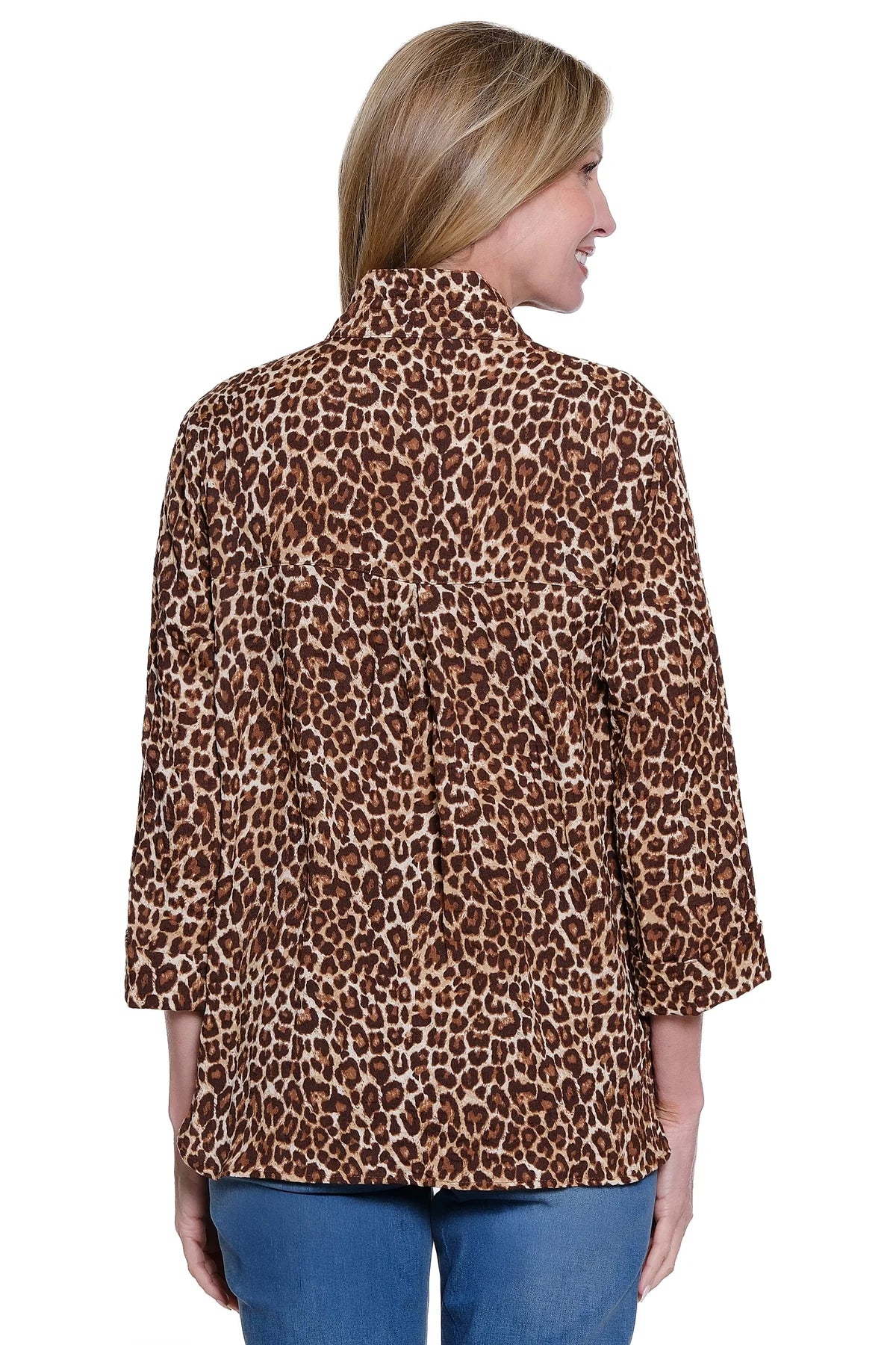 Woven Print Button Down Bouse with 3/4 Sleeve - Cheetah